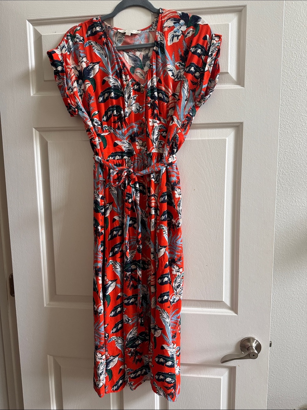 LOFT Red Floral Midi Dress with Tie Waist